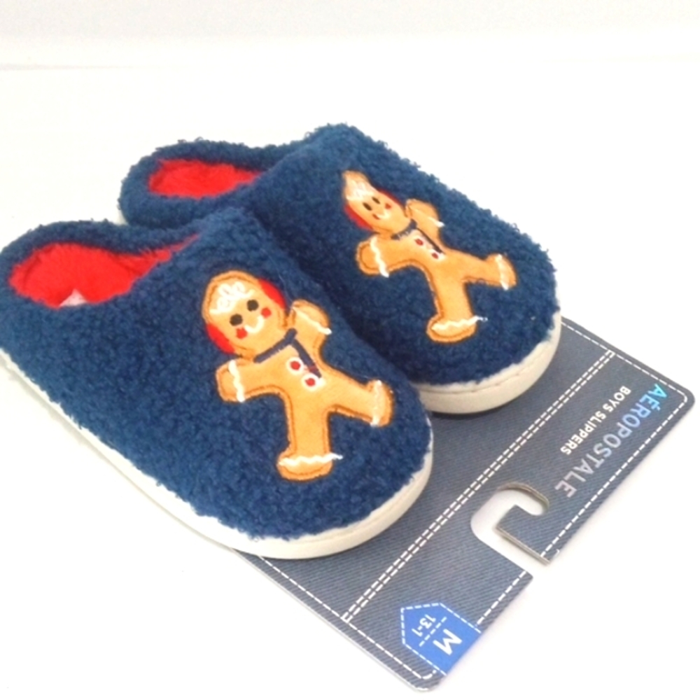 AEROPOSTALE BOYS BLUE CHRISTMAS HOLIDAY COZY GINGERBREAD SLIPPERS SIZE 13-1 NWT